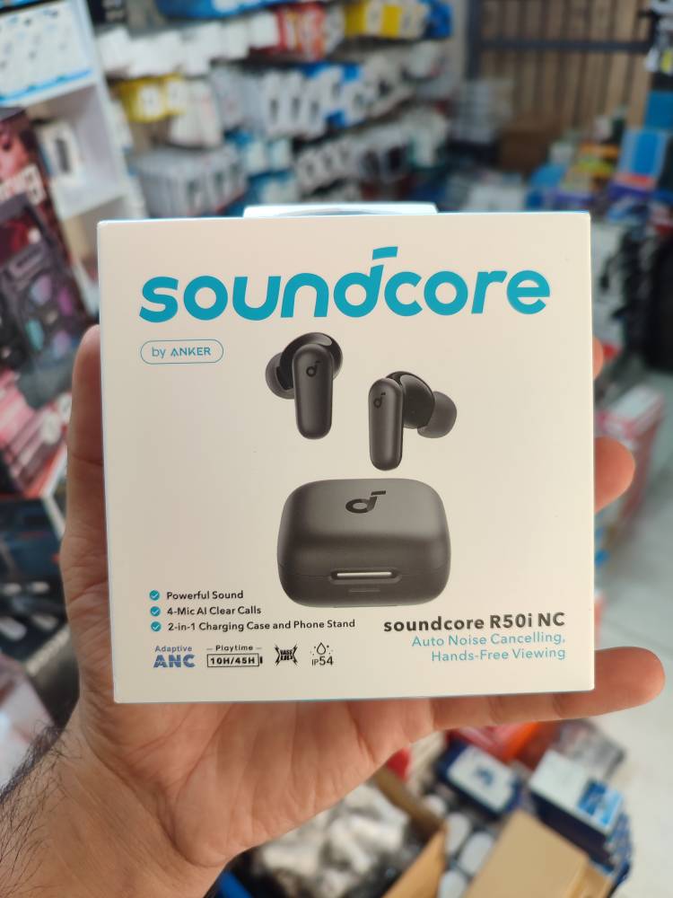 هدفون بلوتوثی انکر مدل soundCore r50i A3949 با قابلیت نویز کنسلینگ، درگاه شارژ usb typ_c ، دارای فناوری Al_Enhanced  ، برای کاهش نویز و بهبود مکالمات ، مقاوم در برابر رطوبت و عرق